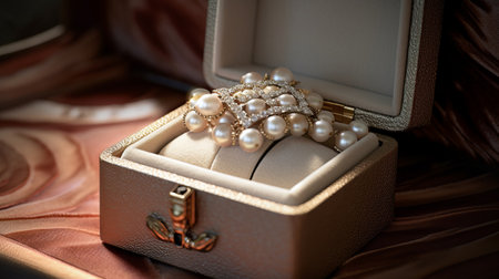 Jewelry box with diamond rings and pearl necklaces. Generative AIの素材