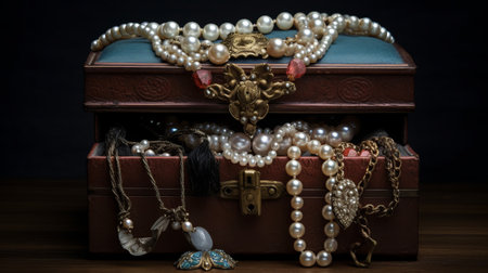 Jewelry box with diamond rings and pearl necklaces. Generative AIの素材