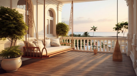 Luxury house veranda with hanging swing. Generative AIの素材