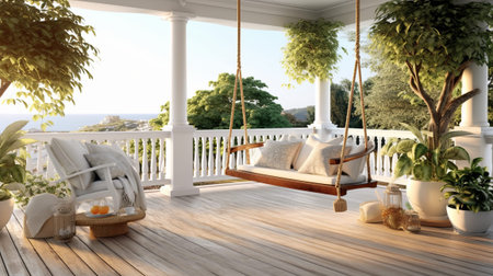 Luxury house veranda with hanging swing. Generative AIの素材