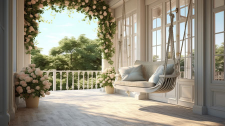 Luxury house veranda with hanging swing. Generative AIの素材