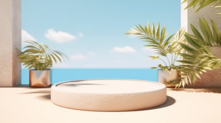 Minimal mock up podium on summer background concept. Generative AIの素材