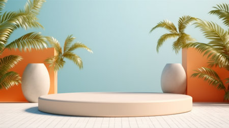 Minimal mock up podium on summer background concept. Generative AIの素材