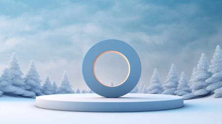 Minimal podium mockup on winter background. Generative AIの素材