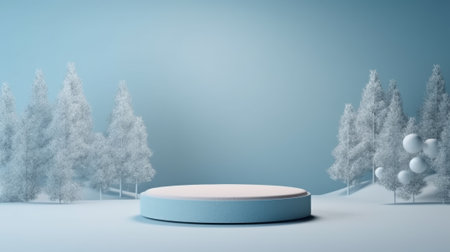 Minimal podium mockup on winter background. Generative AIの素材