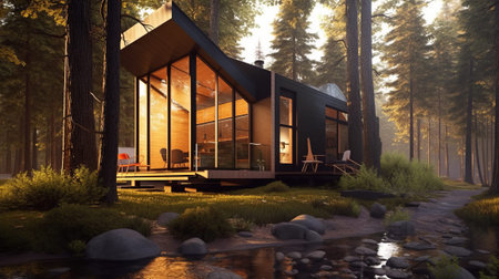 Modern tiny house in forest. Generative AIの素材