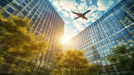 Shot of an airplane flying in the sky over glass office. Generative AIの素材