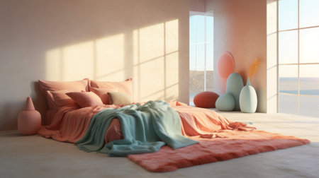 Soft blankets and pillows in light pastel colors. Generative AIの素材