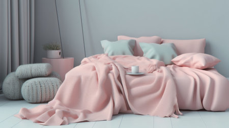 Soft blankets and pillows in light pastel colors. Generative AIの素材