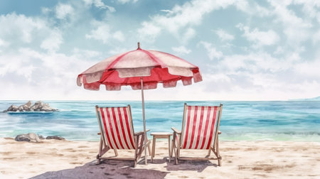 Watercolor Beach chairs and an umbrella. Generative AIの素材