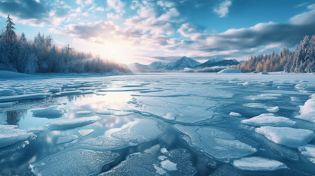 Winter wonderland frozen lake. Generative AIの素材