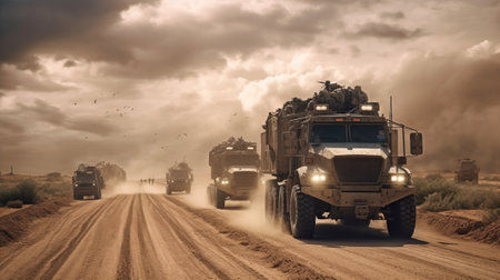 A group of military vehicles drive down a dusty road. Generative AIの素材