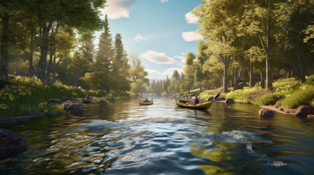 An energetic river with kayaks and canoes. Generative AIの素材