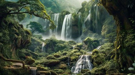 Beautiful waterfall with surrounding vegetation. Generative AIの素材