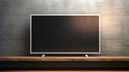 Blank smart TV screen on wooden table close-up. Generative AIの素材