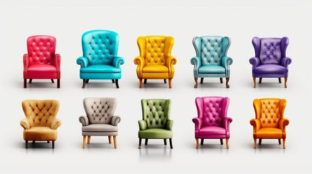 Collection of colorful armchairs isolated on white background. Generative AIの素材