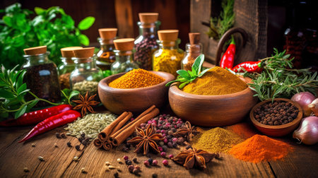 Colorful various herbs and spices for cooking. Generative AIの素材