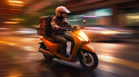 Courier rides a motorcycle motion blur. Generative AIの素材