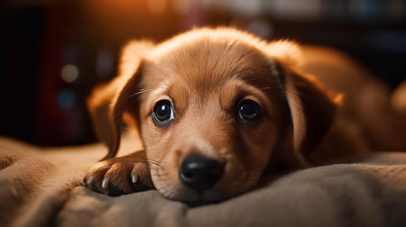 Cute puppy with sad eyes close-up. Generative AIの素材