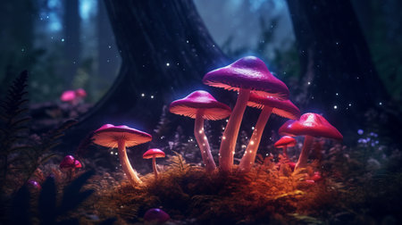 Fantasy Glowing Mushrooms in mystery dark forest. Generative AIの素材