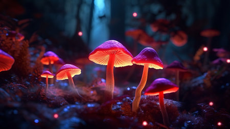 Fantasy Glowing Mushrooms in mystery dark forest. Generative AIの素材