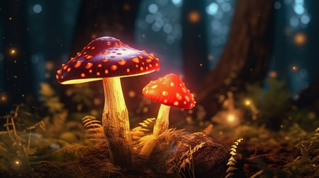 Fantasy Glowing Mushrooms in mystery dark forest. Generative AIの素材