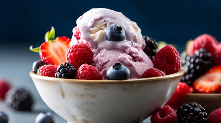Ice cream with berries in bowl on table. Generative AIの素材