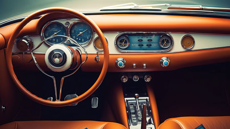 Luxurious leather interior of a retro car control panel. Generative AIの素材