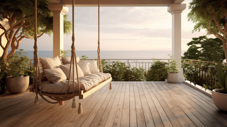 Luxury house veranda with hanging swing. Generative AIの素材