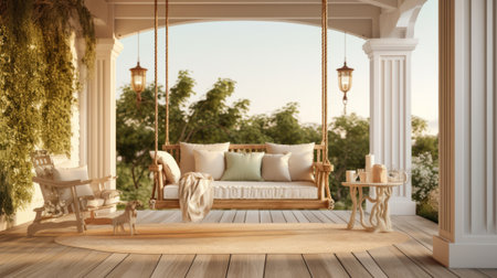 Luxury house veranda with hanging swing. Generative AIの素材