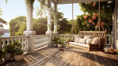 Luxury house veranda with hanging swing. Generative AIの素材