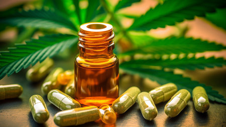 Medicial CBD pills next to a Cannabis leaf. Generative AIの素材