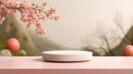 Minimal podium mockup on spring background. Generative AIの素材