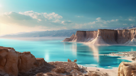 Mountain and the blue Dead Sea in Israel. Generative AIの素材