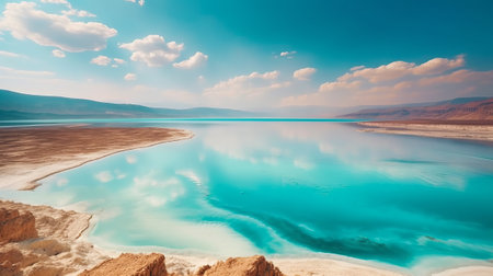 Mountain and the blue Dead Sea in Israel. Generative AIの素材