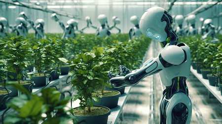 Smart farmer robot checks a growing plant. Generative AIの素材