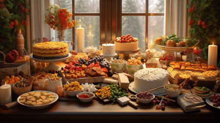 The home holiday table is full of food. Generative AIの素材