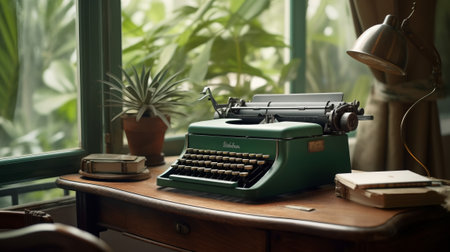 Typewriter on a wooden table near the window. Generative AIの素材