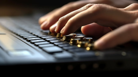 Typing on laptop keyboard close-up. Generative AIの素材
