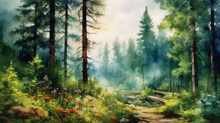 Watercolor Forest Landscape. Generative AIの素材