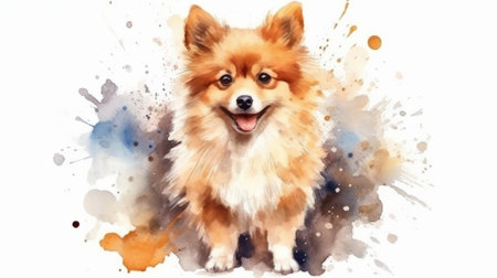 Watercolor painting of a cute dog on white background. Generative AIの素材