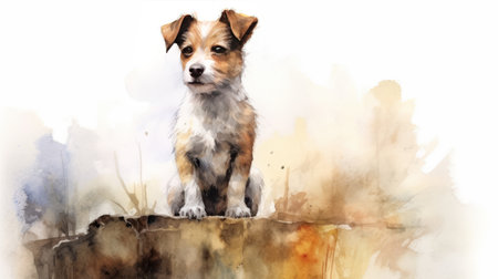 Watercolor painting of a cute dog on white background. Generative AIの素材