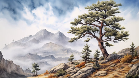 Watercolor painting of a mountains and pine tree. Generative AIの素材