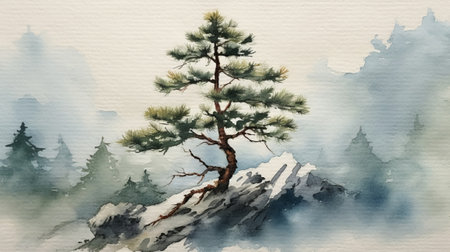 Watercolor painting of a mountains and pine tree. Generative AIの素材