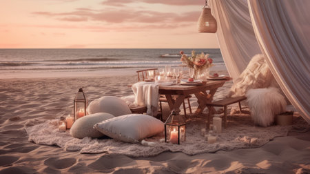 Romantic picnic on the beach. Generative AIの素材
