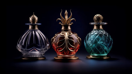 Perfume bottles on a dark background. Generative AI.の素材