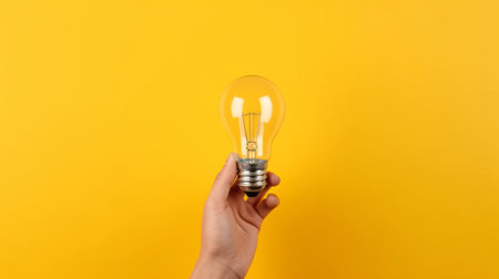 Hand holds a light bulb on blue background with copy space. Generative AI.の素材