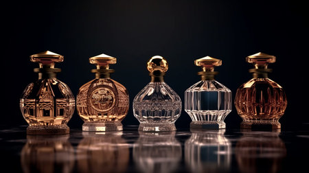 Perfume bottles on a dark background. Generative AI.の素材