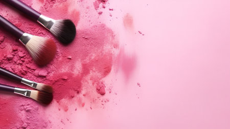 Makeup brushes and powder on pink background top view. Generative AI.の素材