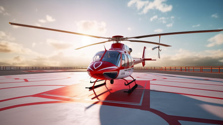 A red helicopter on a helipad with sun rays. air medic. Generative AI.の素材